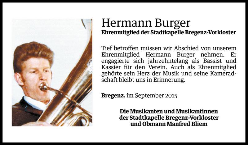  Todesanzeige für Hermann Burger vom 09.09.2015 aus Vorarlberger Nachrichten