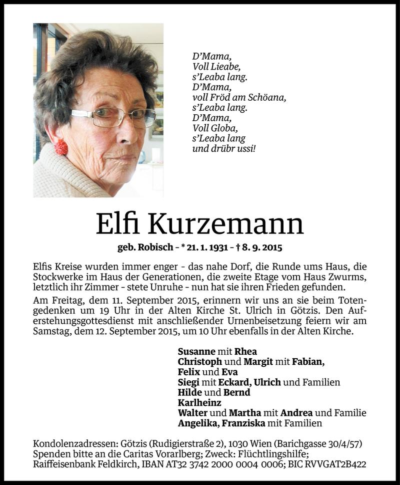  Todesanzeige für Elfi Kurzemann vom 09.09.2015 aus Vorarlberger Nachrichten