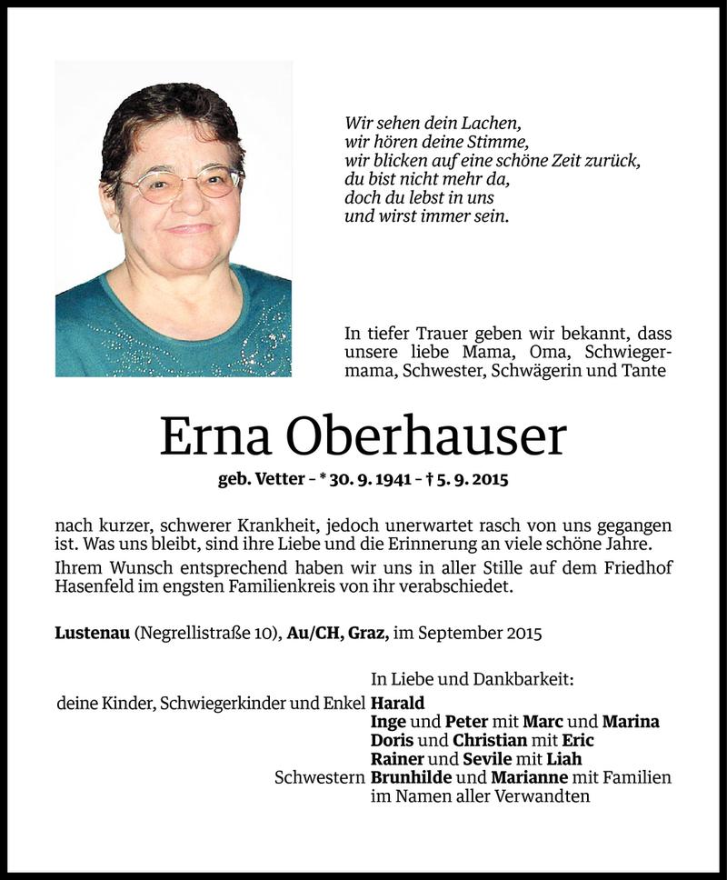  Todesanzeige für Erna Oberhauser vom 11.09.2015 aus Vorarlberger Nachrichten