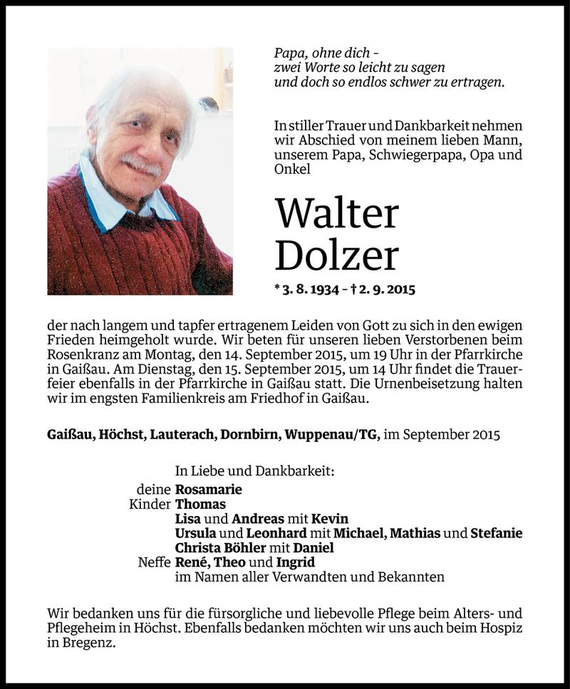  Todesanzeige für Walter Dolzer vom 11.09.2015 aus Vorarlberger Nachrichten