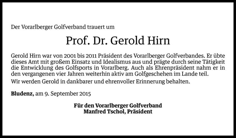  Todesanzeige für Gerold Hirn vom 10.09.2015 aus Vorarlberger Nachrichten