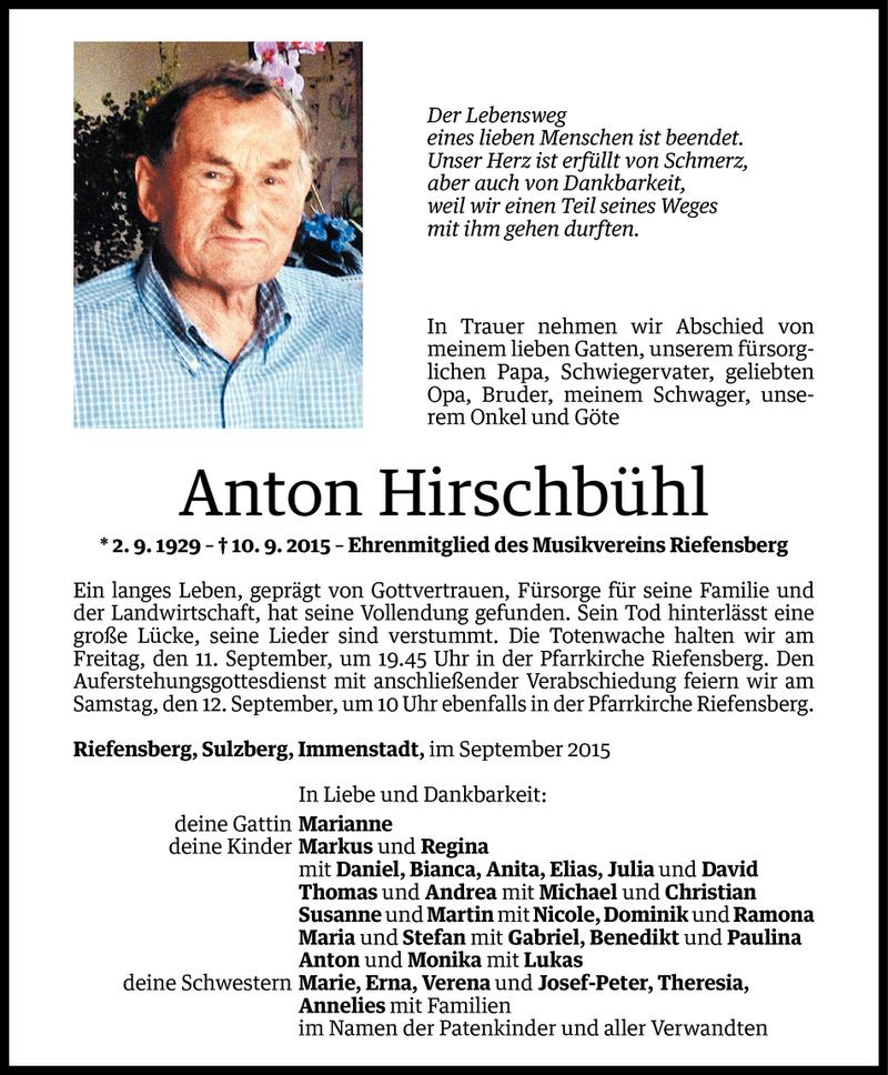  Todesanzeige für Anton Hirschbühl vom 10.09.2015 aus Vorarlberger Nachrichten