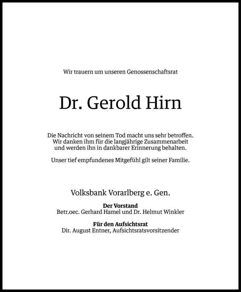  Todesanzeige für Gerold Hirn vom 10.09.2015 aus Vorarlberger Nachrichten