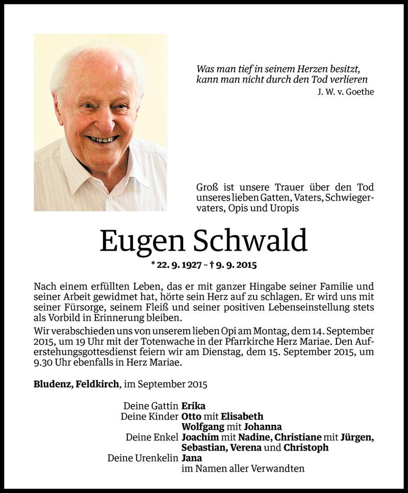  Todesanzeige für Eugen Schwald vom 11.09.2015 aus Vorarlberger Nachrichten