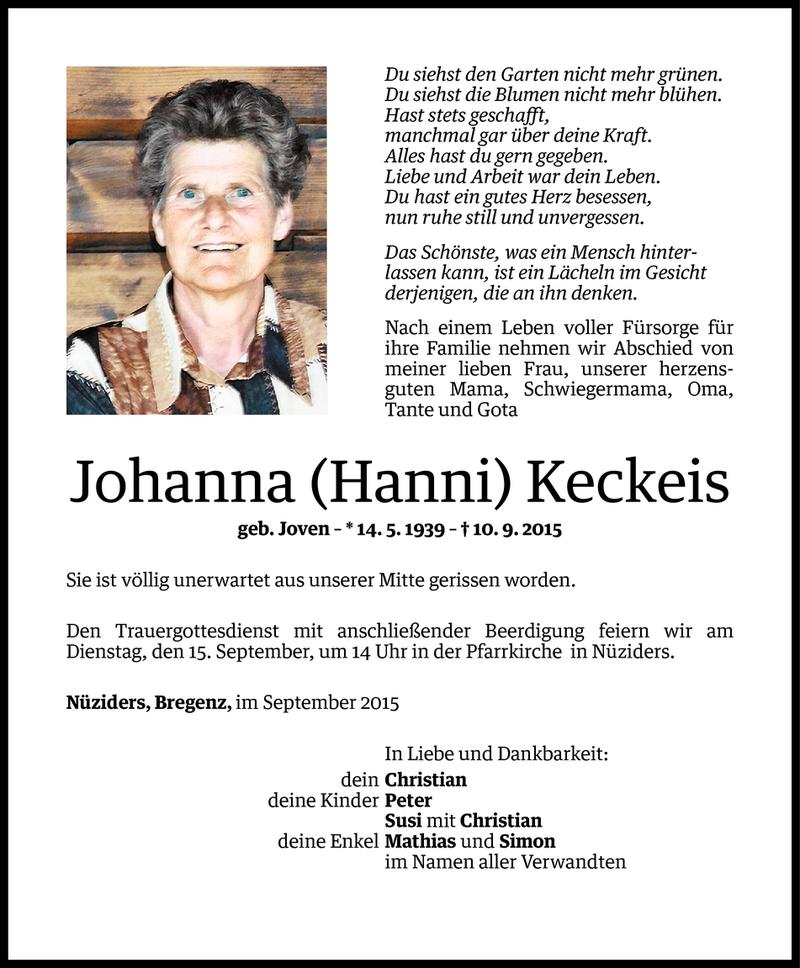  Todesanzeige für Johanna Keckeis vom 12.09.2015 aus Vorarlberger Nachrichten