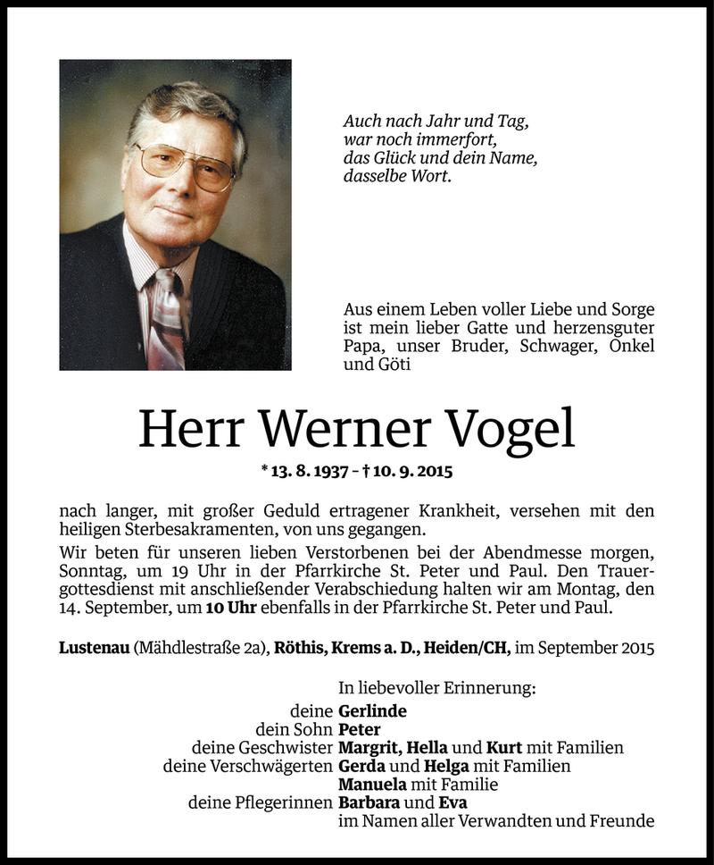 Todesanzeigen von Werner Vogel | Todesanzeigen Vorarlberger Nachrichten