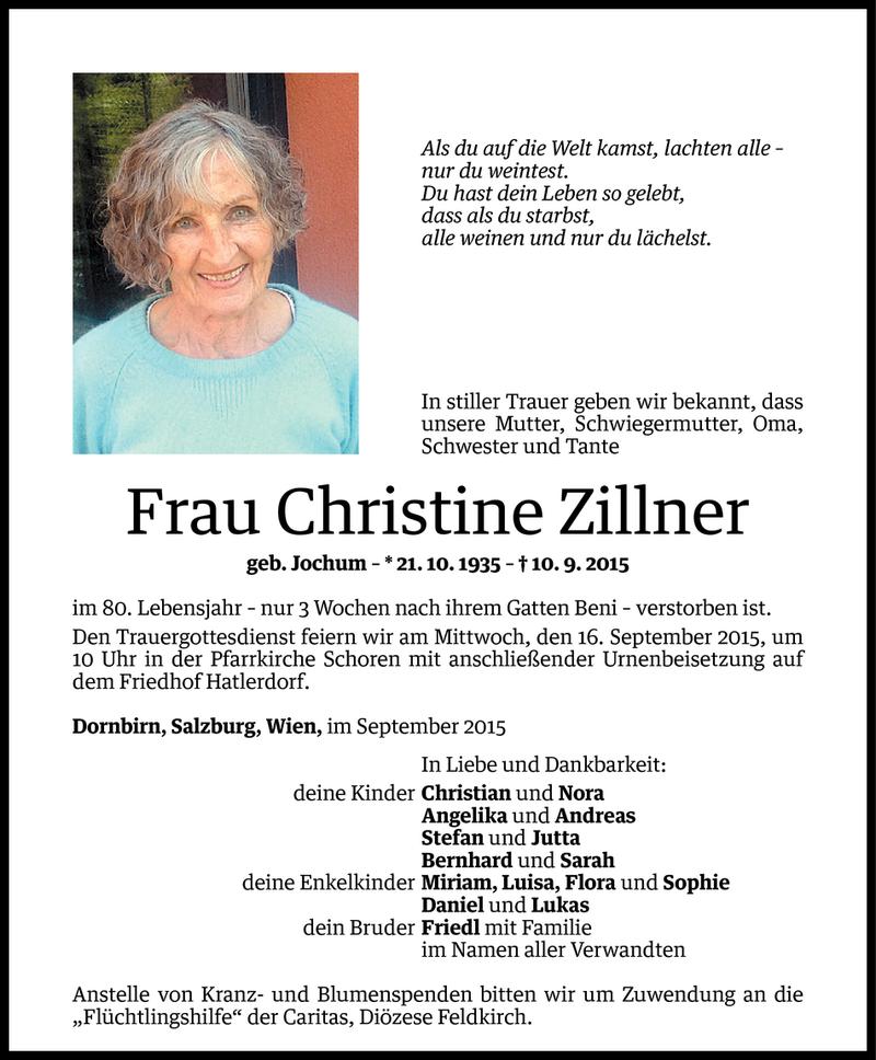  Todesanzeige für Christine Zillner vom 11.09.2015 aus Vorarlberger Nachrichten