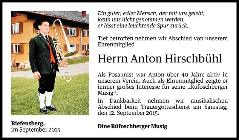  Todesanzeige für Anton Hirschbühl vom 11.09.2015 aus Vorarlberger Nachrichten