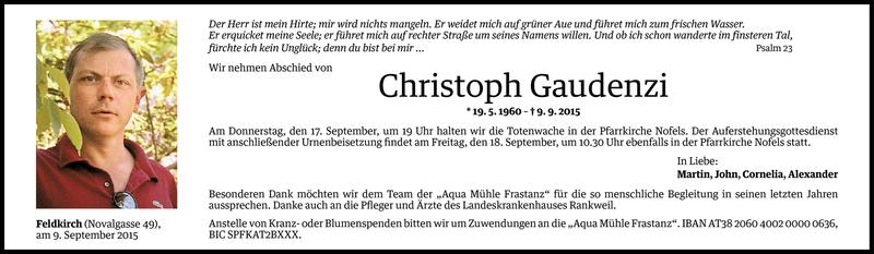  Todesanzeige für Christoph Gaudenzi vom 11.09.2015 aus Vorarlberger Nachrichten