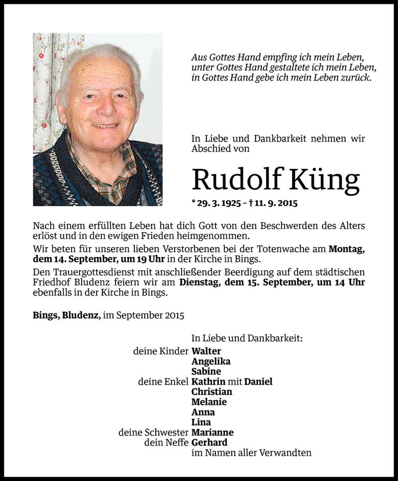  Todesanzeige für Rudolf Küng vom 12.09.2015 aus Vorarlberger Nachrichten