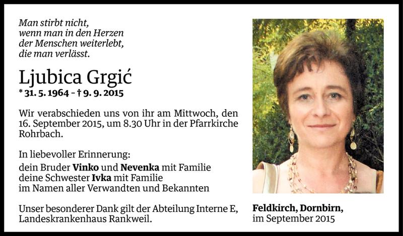  Todesanzeige für Ljubica Grgic vom 13.09.2015 aus Vorarlberger Nachrichten