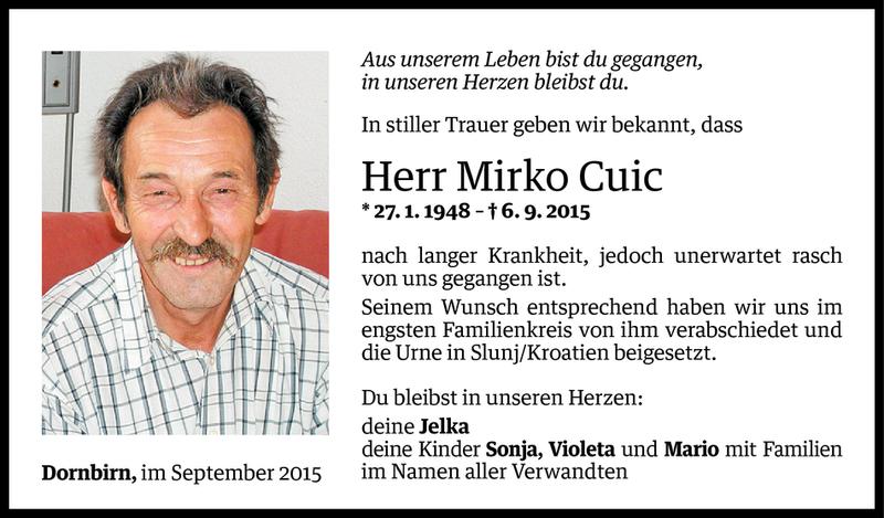  Todesanzeige für Mirko Cuic vom 13.09.2015 aus Vorarlberger Nachrichten