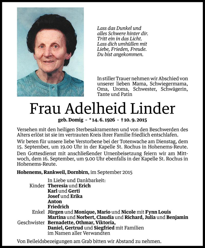  Todesanzeige für Adelheid Linder vom 14.09.2015 aus Vorarlberger Nachrichten