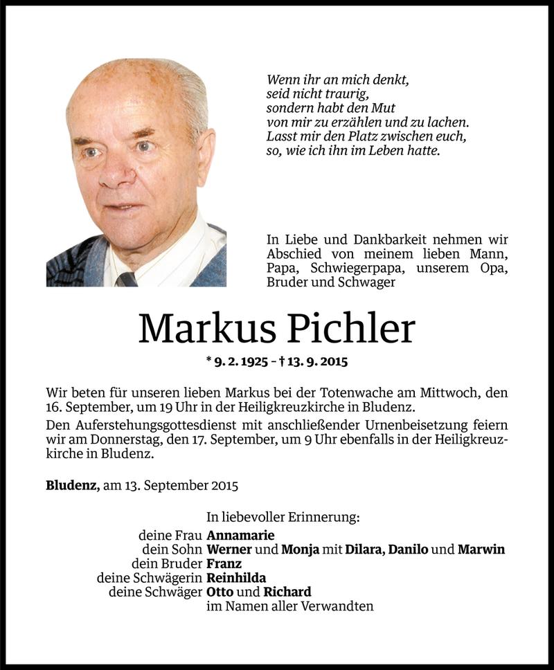  Todesanzeige für Markus Pichler vom 14.09.2015 aus Vorarlberger Nachrichten