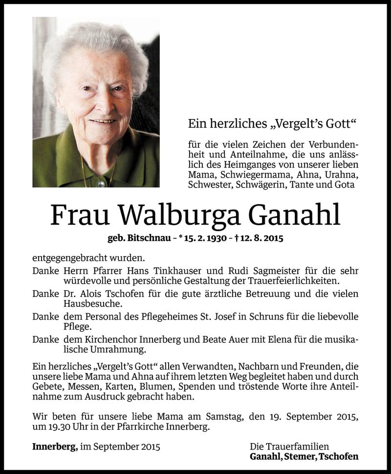  Todesanzeige für Walburga Ganahl vom 17.09.2015 aus Vorarlberger Nachrichten