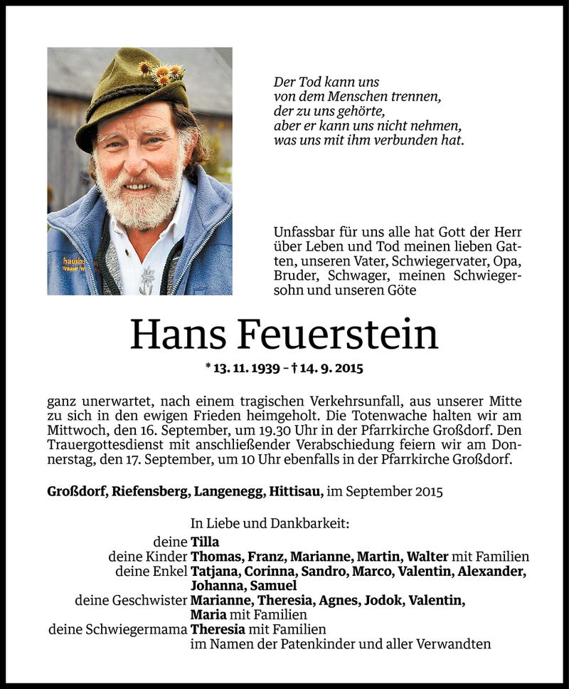  Todesanzeige für Hans Feuerstein vom 15.09.2015 aus Vorarlberger Nachrichten