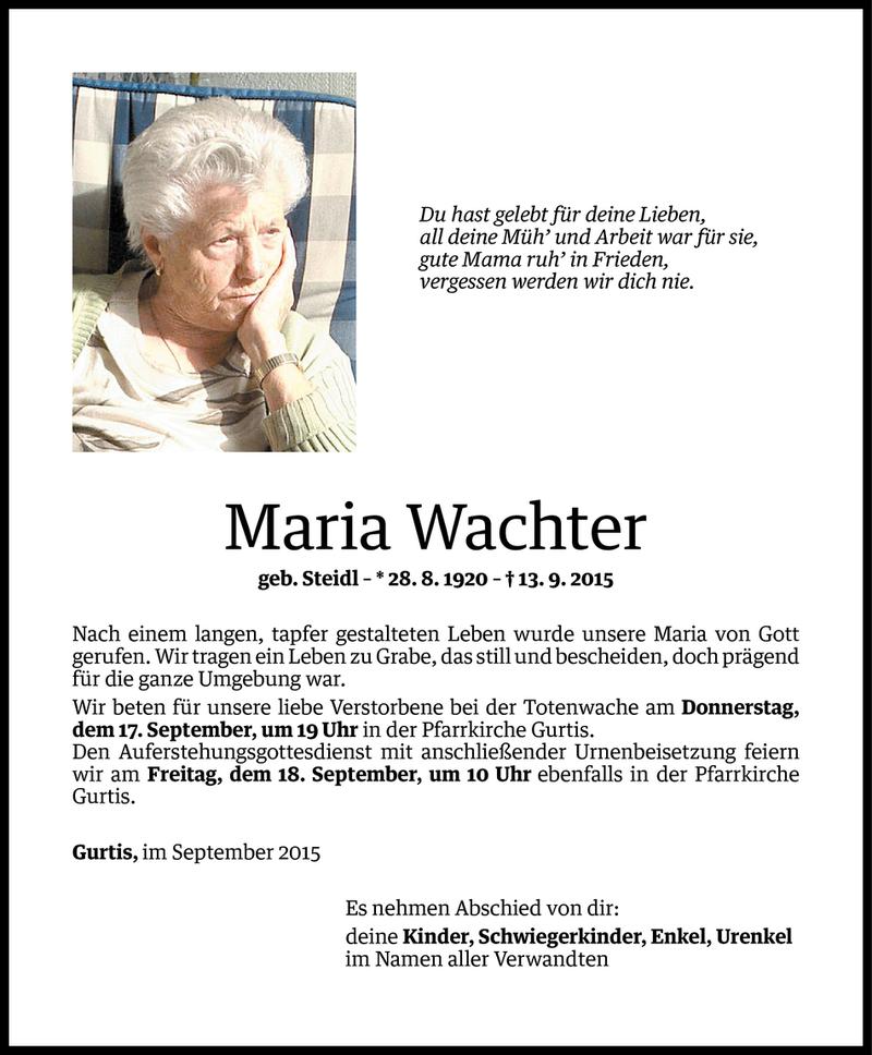  Todesanzeige für Maria Wachter vom 16.09.2015 aus Vorarlberger Nachrichten