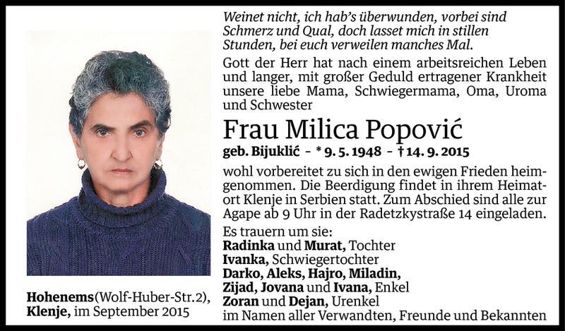  Todesanzeige für Milica Popovic vom 16.09.2015 aus Vorarlberger Nachrichten