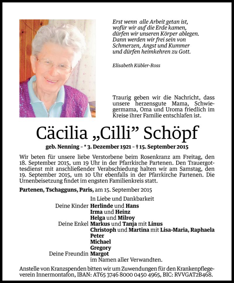  Todesanzeige für Cäcilia Schöpf vom 15.09.2015 aus Vorarlberger Nachrichten