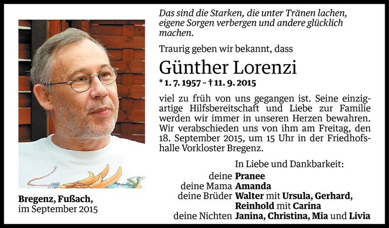  Todesanzeige für Günther Lorenzi vom 16.09.2015 aus Vorarlberger Nachrichten