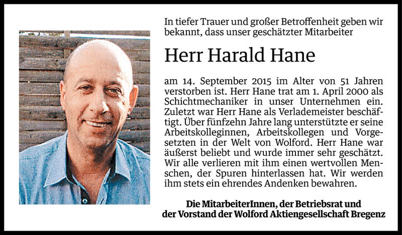  Todesanzeige für Harald Hane vom 16.09.2015 aus Vorarlberger Nachrichten