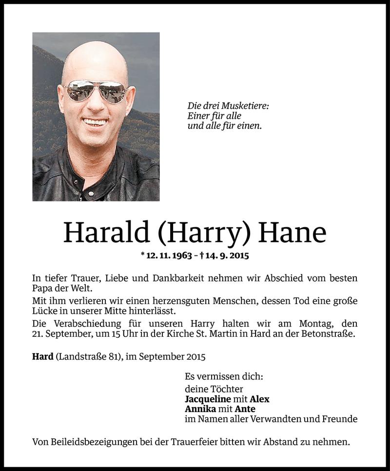  Todesanzeige für Harald Hane vom 16.09.2015 aus Vorarlberger Nachrichten