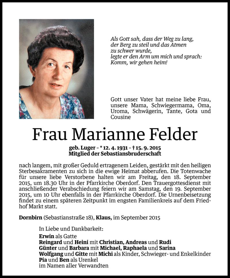  Todesanzeige für Marianne Felder vom 16.09.2015 aus Vorarlberger Nachrichten