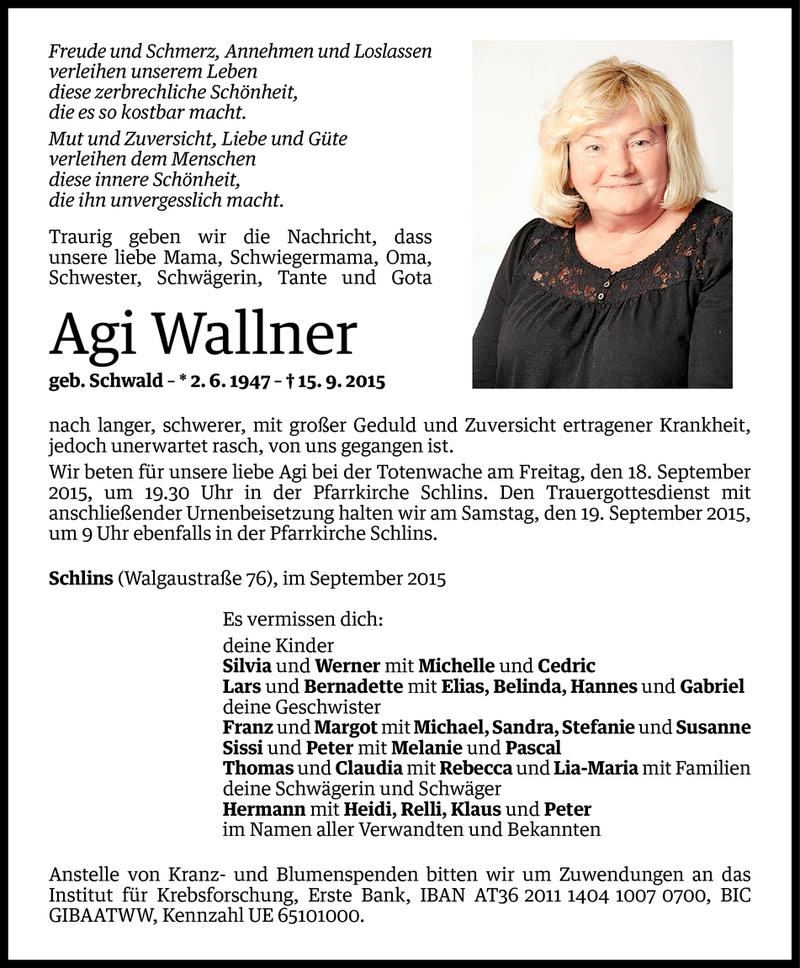  Todesanzeige für Agi Wallner vom 16.09.2015 aus Vorarlberger Nachrichten