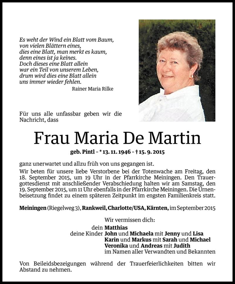  Todesanzeige für Maria De Martin vom 16.09.2015 aus Vorarlberger Nachrichten