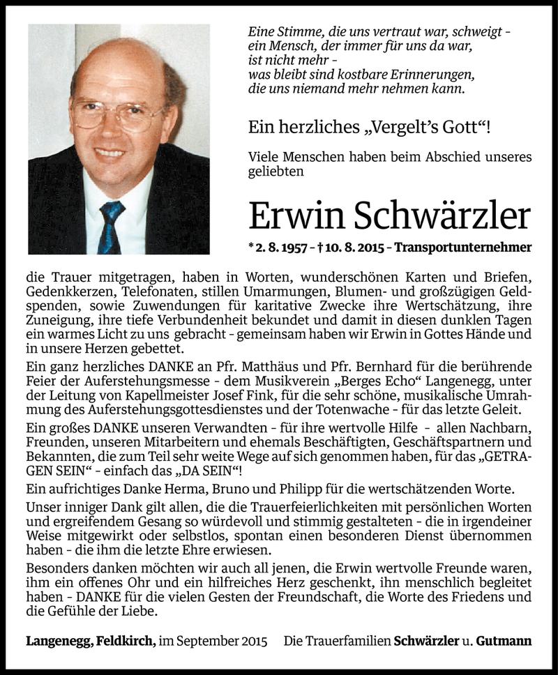  Todesanzeige für Erwin Schwärzler vom 17.09.2015 aus Vorarlberger Nachrichten