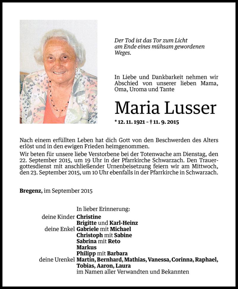  Todesanzeige für Maria Lusser vom 18.09.2015 aus Vorarlberger Nachrichten