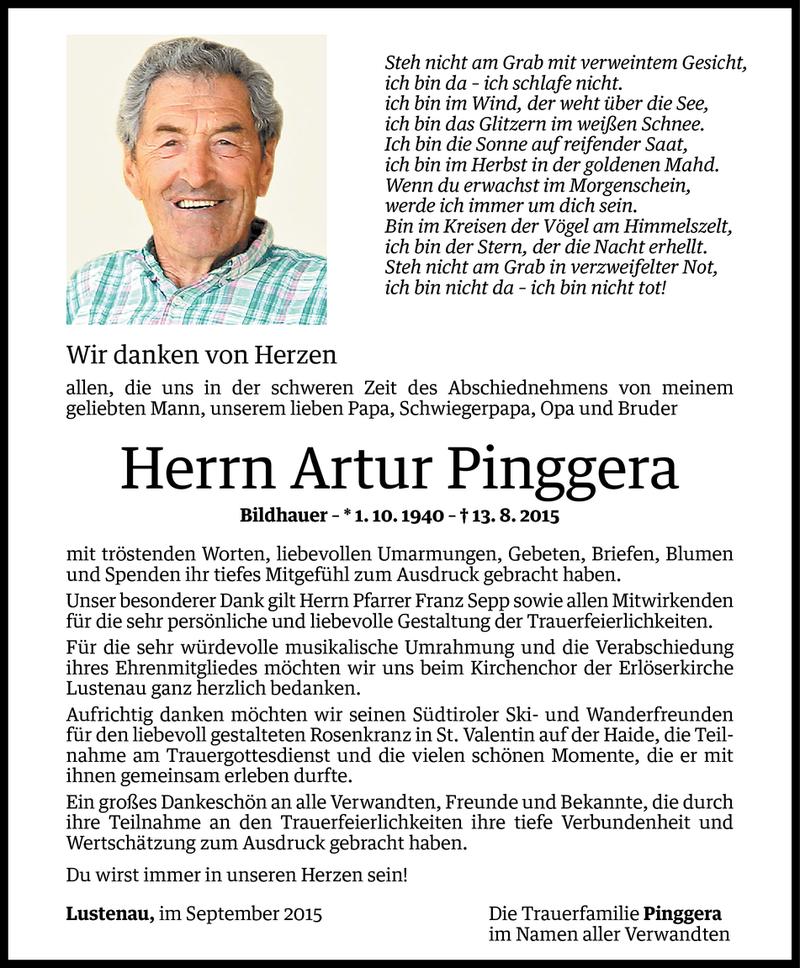  Todesanzeige für Artur Pinggera vom 18.09.2015 aus Vorarlberger Nachrichten