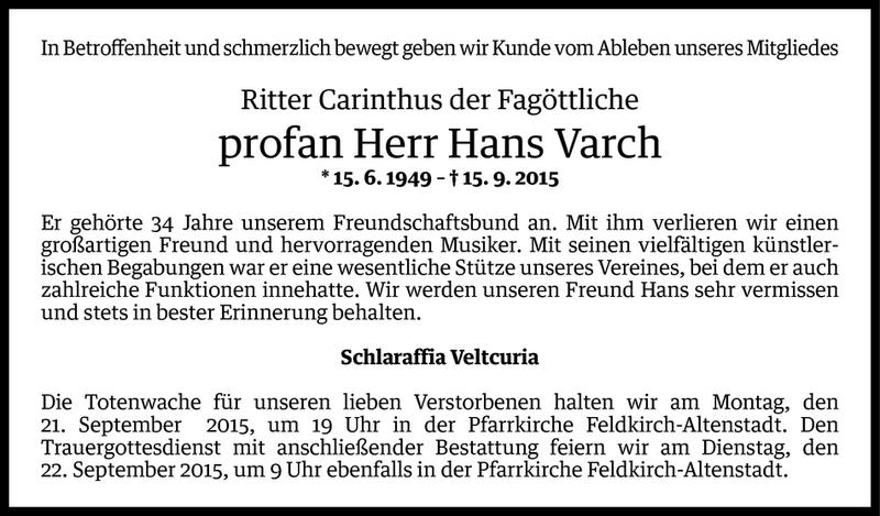  Todesanzeige für Hans Varch vom 18.09.2015 aus Vorarlberger Nachrichten