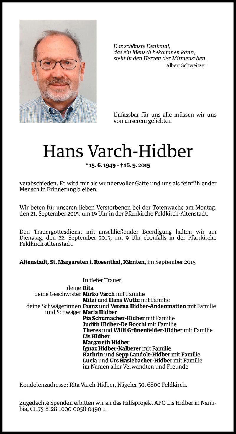 Todesanzeige für Hans Varch vom 18.09.2015 aus Vorarlberger Nachrichten