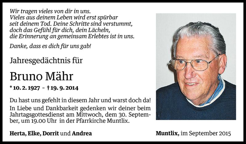  Todesanzeige für Bruno Mähr vom 19.09.2015 aus Vorarlberger Nachrichten