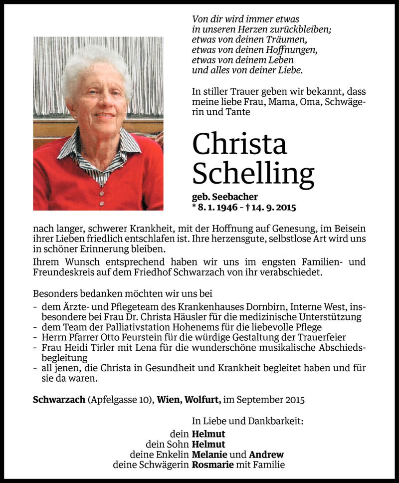  Todesanzeige für Christa Schelling vom 19.09.2015 aus Vorarlberger Nachrichten