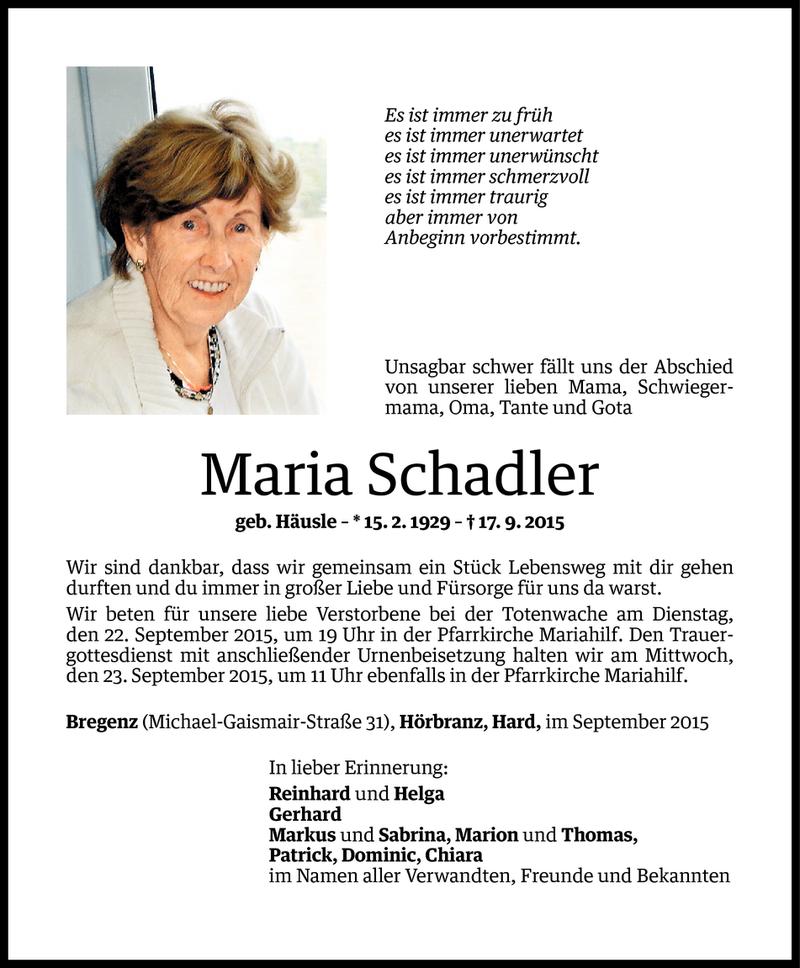  Todesanzeige für Maria Schadler vom 18.09.2015 aus Vorarlberger Nachrichten