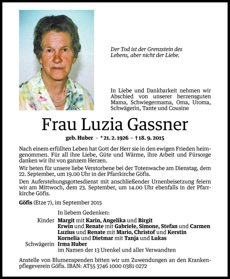  Todesanzeige für Luzia Gassner vom 21.09.2015 aus Vorarlberger Nachrichten