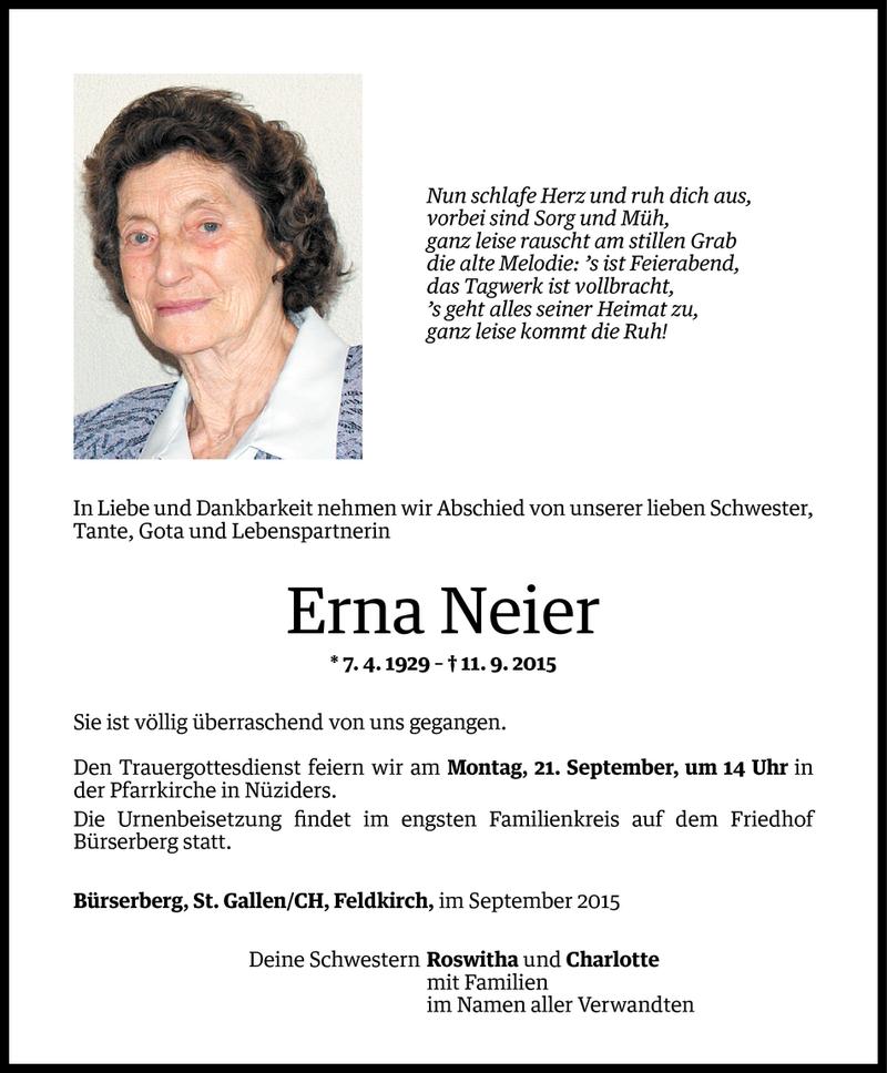  Todesanzeige für Erna Neier vom 21.09.2015 aus Vorarlberger Nachrichten