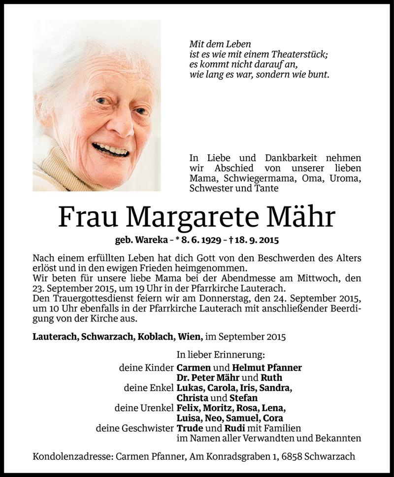  Todesanzeige für Margarete Mähr vom 20.09.2015 aus Vorarlberger Nachrichten