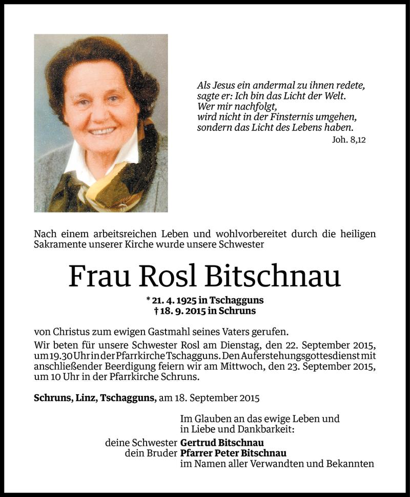  Todesanzeige für Rosl Bitschnau vom 20.09.2015 aus Vorarlberger Nachrichten