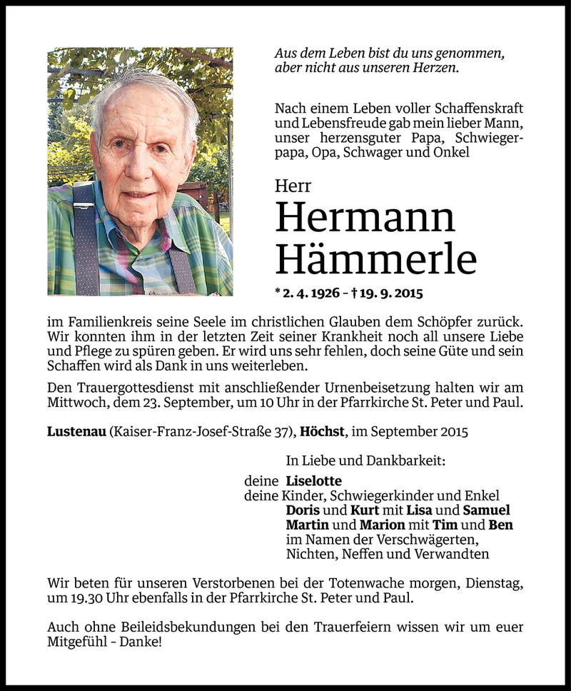  Todesanzeige für Hermann Hämmerle vom 20.09.2015 aus Vorarlberger Nachrichten