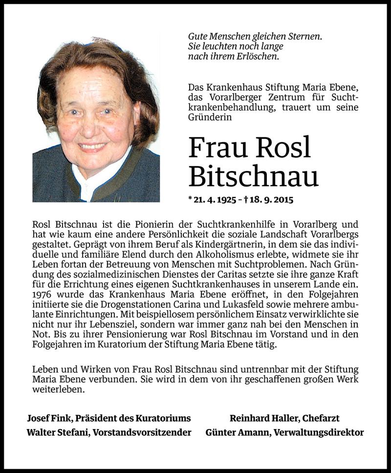  Todesanzeige für Rosl Bitschnau vom 21.09.2015 aus Vorarlberger Nachrichten