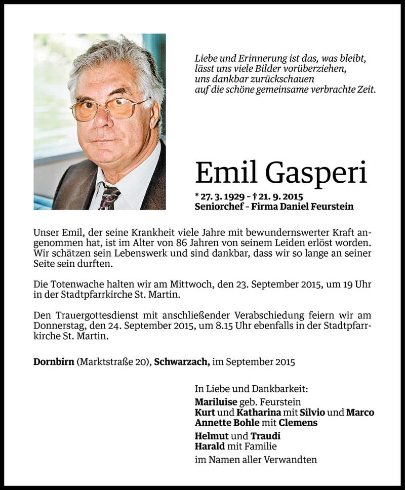  Todesanzeige für Emil Gasperi vom 21.09.2015 aus Vorarlberger Nachrichten