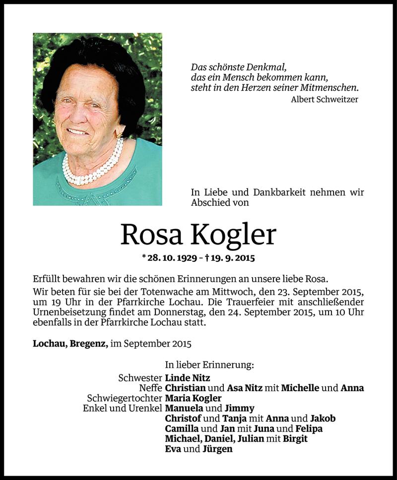  Todesanzeige für Rosa Kogler vom 21.09.2015 aus Vorarlberger Nachrichten