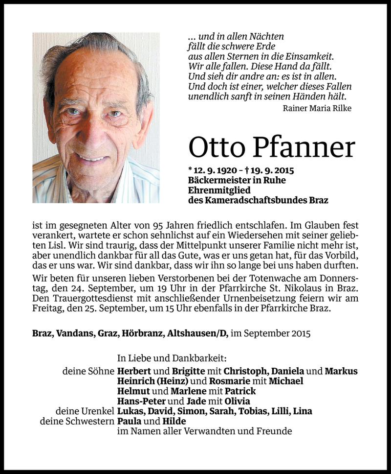  Todesanzeige für Otto Pfanner vom 23.09.2015 aus Vorarlberger Nachrichten