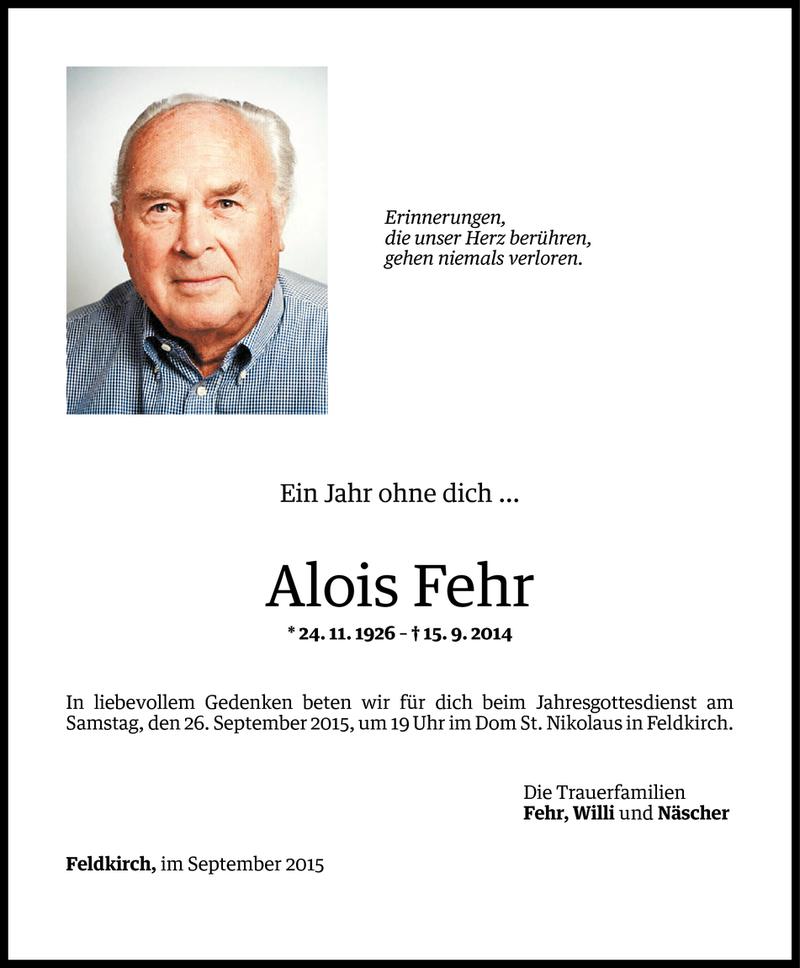  Todesanzeige für Alois Fehr vom 22.09.2015 aus Vorarlberger Nachrichten