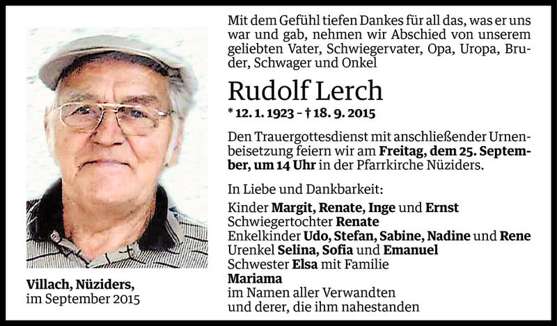  Todesanzeige für Rudolf Lerch vom 23.09.2015 aus Vorarlberger Nachrichten