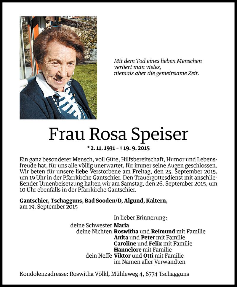  Todesanzeige für Rosa Speiser vom 22.09.2015 aus Vorarlberger Nachrichten