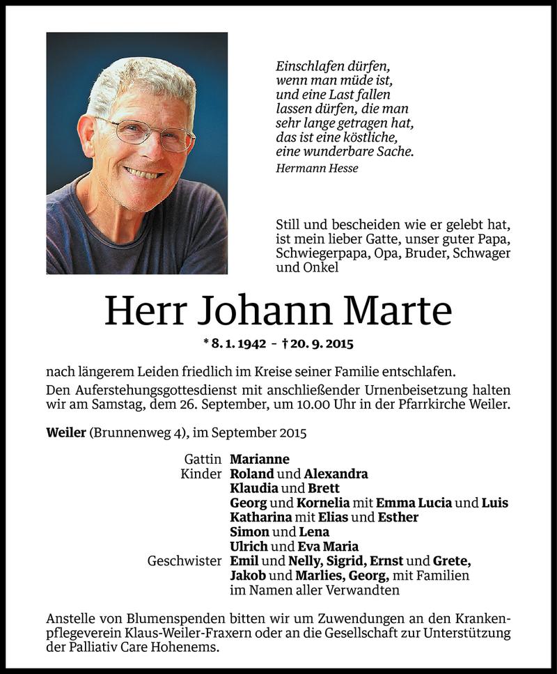  Todesanzeige für Johann Marte vom 23.09.2015 aus Vorarlberger Nachrichten